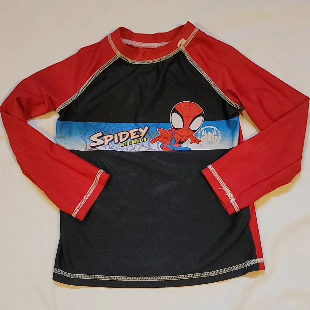 Spiderman Boys 4T Swimsuit Swim Trunks/L/S Rash Guard Shirt/Baseball Cap Spidey